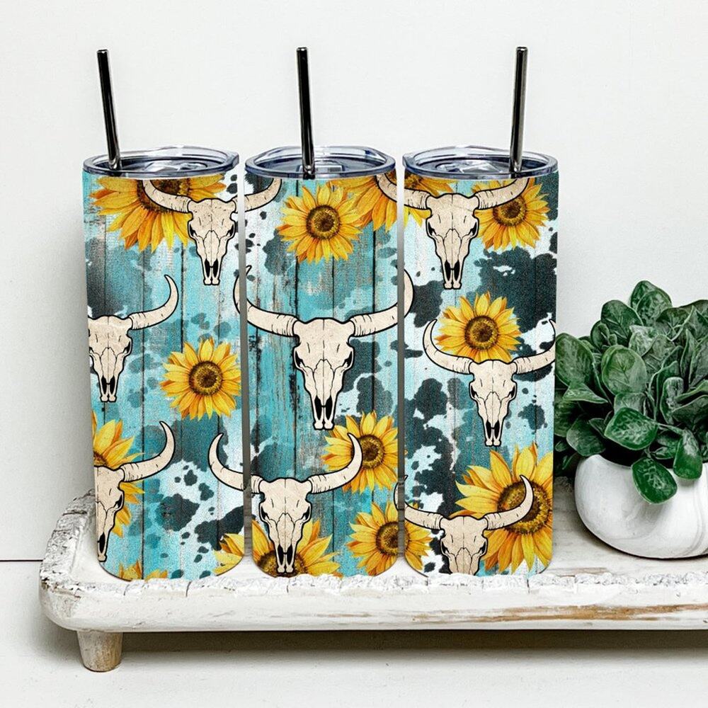 Sunflower Cow Skull 20oz Tumbler With Metal Straw